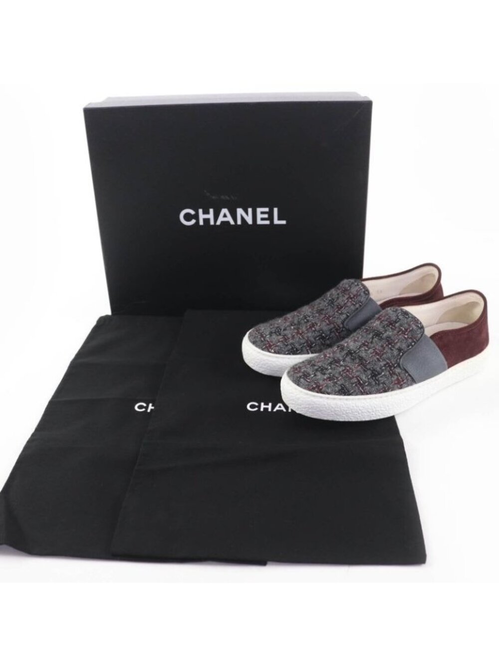 Chanel 16 B Back Coco Mark Tweed Suede Leather Sneakers Slip-on Gray 36